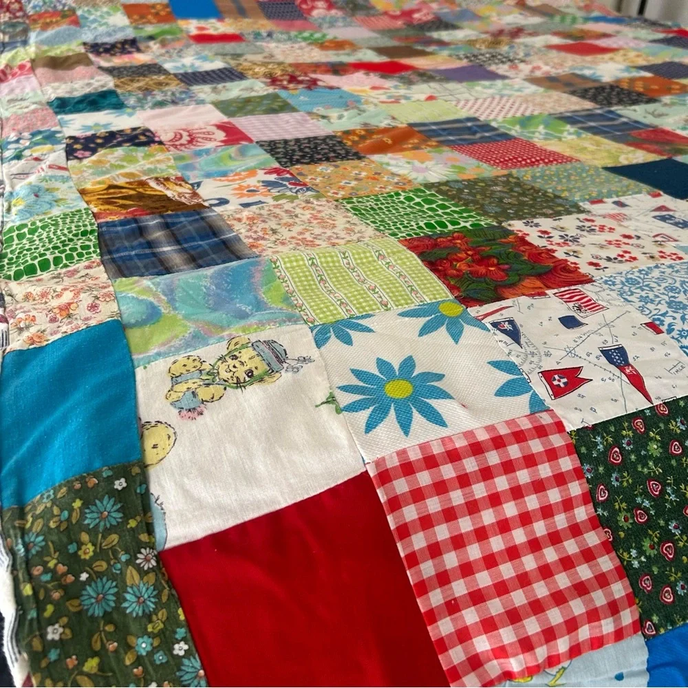 Vintage Handmade “Postage Stamp” Patchwork Quilt Multicolor Bedcover#0831256